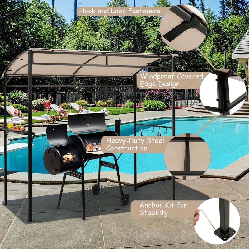 7x4.5 FT Outdoor Patio Grill Gazebo, Curved BBQ Canopy Shelter with Serving Shelves, Storage Hooks & Heavy-Duty Steel Frame for Backyard Garden