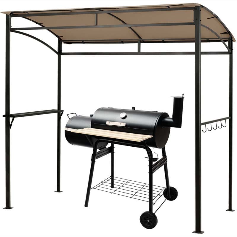 7x4.5 FT Outdoor Patio Grill Gazebo, Curved BBQ Canopy Shelter with Serving Shelves, Storage Hooks & Heavy-Duty Steel Frame for Backyard Garden