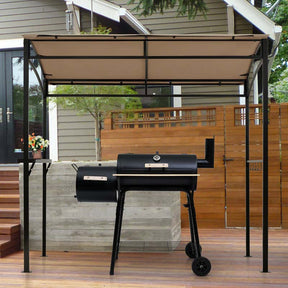 7x4.5 FT Outdoor Patio Grill Gazebo, Curved BBQ Canopy Shelter with Serving Shelves, Storage Hooks & Heavy-Duty Steel Frame for Backyard Garden