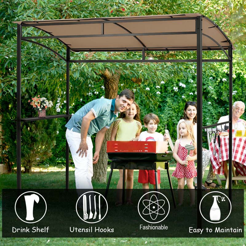 7x4.5 FT Outdoor Patio Grill Gazebo, Curved BBQ Canopy Shelter with Serving Shelves, Storage Hooks & Heavy-Duty Steel Frame for Backyard Garden