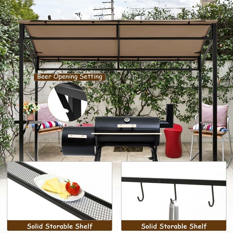 7x4.5 FT Outdoor Patio Grill Gazebo, Curved BBQ Canopy Shelter with Serving Shelves, Storage Hooks & Heavy-Duty Steel Frame for Backyard Garden