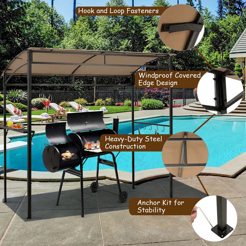 7x4.5 FT Outdoor Patio Grill Gazebo, Curved BBQ Canopy Shelter with Serving Shelves, Storage Hooks & Heavy-Duty Steel Frame for Backyard Garden