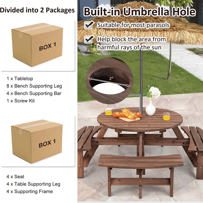 8-Person Outdoor Fir Wood Round Picnic Table with 4 Built-in Benches & Umbrella Hole, 2200LBS Capacity All-Weather Patio Dining Set for Garden Yard