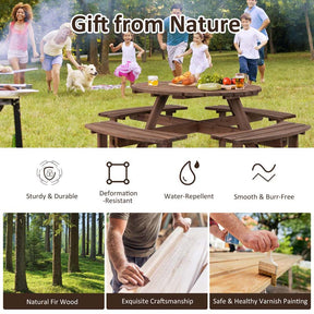 8-Person Outdoor Fir Wood Round Picnic Table with 4 Built-in Benches & Umbrella Hole, 2200LBS Capacity All-Weather Patio Dining Set for Garden Yard
