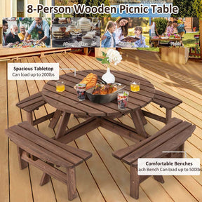 8-Person Outdoor Fir Wood Round Picnic Table with 4 Built-in Benches & Umbrella Hole, 2200LBS Capacity All-Weather Patio Dining Set for Garden Yard
