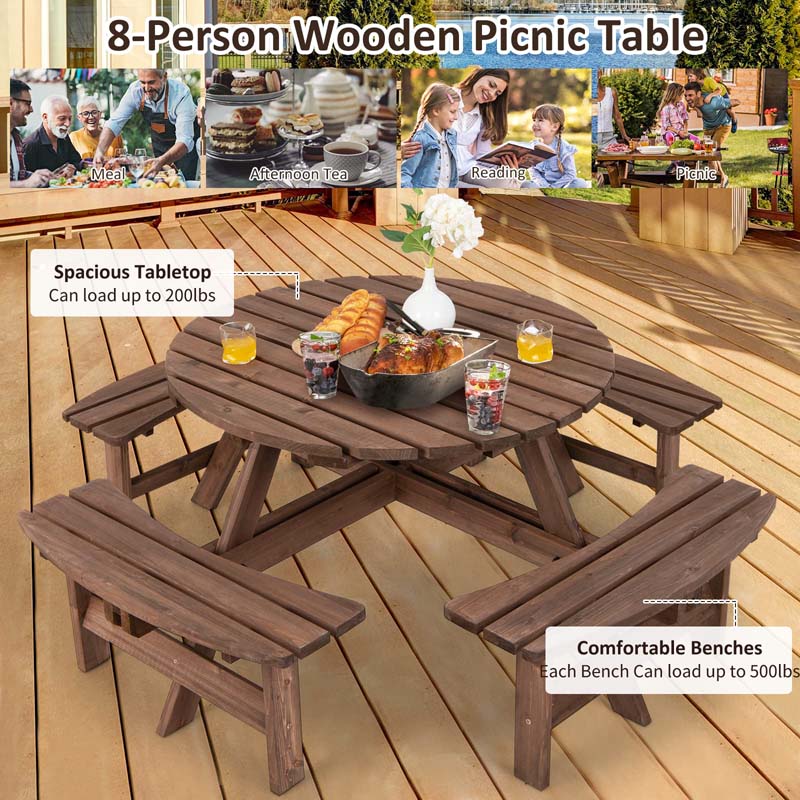 8-Person Outdoor Fir Wood Round Picnic Table with 4 Built-in Benches & Umbrella Hole, 2200LBS Capacity All-Weather Patio Dining Set for Garden Yard