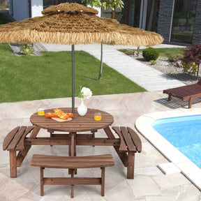 8-Person Outdoor Fir Wood Round Picnic Table with 4 Built-in Benches & Umbrella Hole, 2200LBS Capacity All-Weather Patio Dining Set for Garden Yard