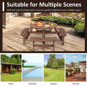 8-Person Outdoor Fir Wood Round Picnic Table with 4 Built-in Benches & Umbrella Hole, 2200LBS Capacity All-Weather Patio Dining Set for Garden Yard