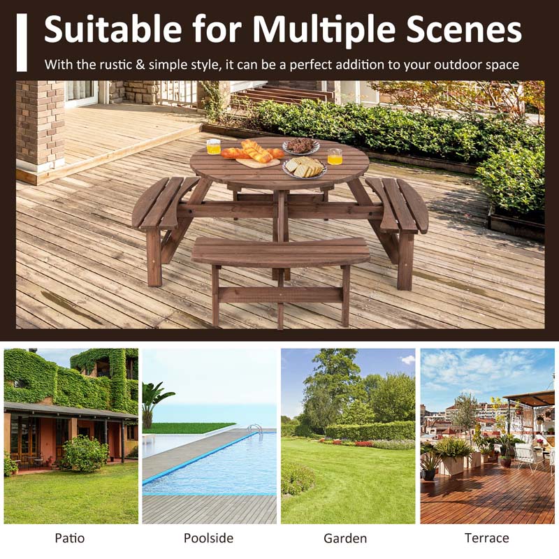 8-Person Outdoor Fir Wood Round Picnic Table with 4 Built-in Benches & Umbrella Hole, 2200LBS Capacity All-Weather Patio Dining Set for Garden Yard