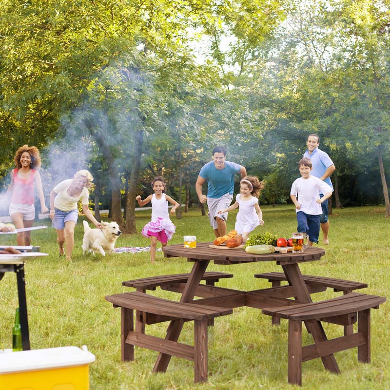 8-Person Outdoor Fir Wood Round Picnic Table with 4 Built-in Benches & Umbrella Hole, 2200LBS Capacity All-Weather Patio Dining Set for Garden Yard