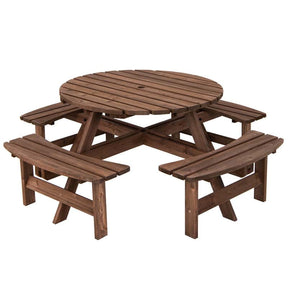 8-Person Outdoor Fir Wood Round Picnic Table with 4 Built-in Benches & Umbrella Hole, 2200LBS Capacity All-Weather Patio Dining Set for Garden Yard