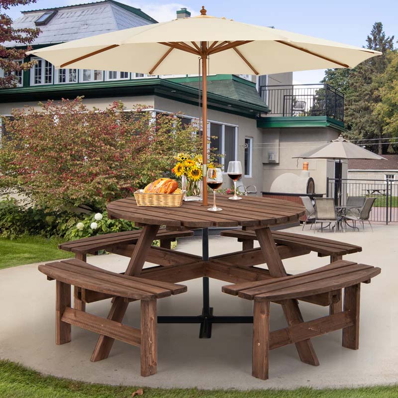 8-Person Outdoor Fir Wood Round Picnic Table with 4 Built-in Benches & Umbrella Hole, 2200LBS Capacity All-Weather Patio Dining Set for Garden Yard
