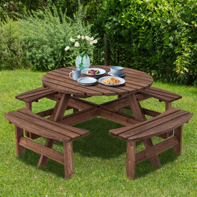 8-Person Outdoor Fir Wood Round Picnic Table with 4 Built-in Benches & Umbrella Hole, 2200LBS Capacity All-Weather Patio Dining Set for Garden Yard