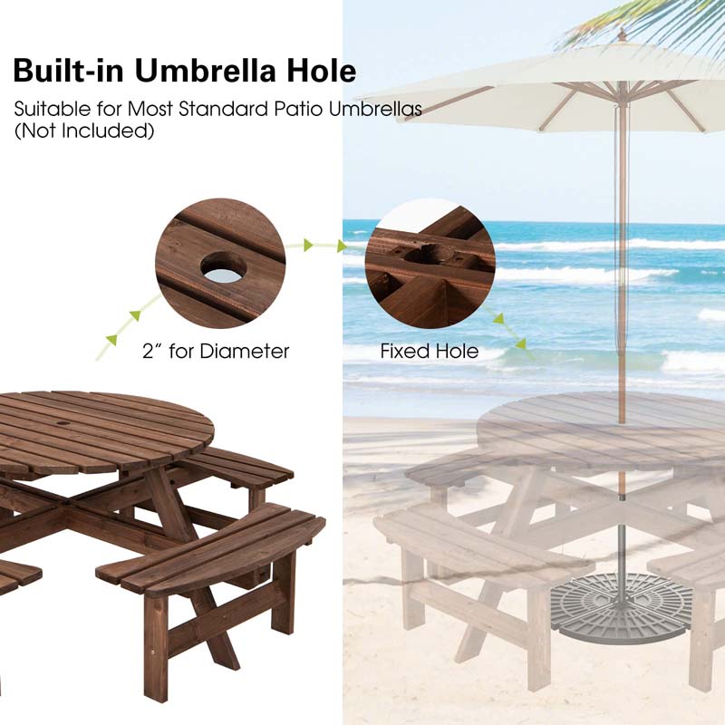 8-Person Outdoor Fir Wood Round Picnic Table with 4 Built-in Benches & Umbrella Hole, 2200LBS Capacity All-Weather Patio Dining Set for Garden Yard