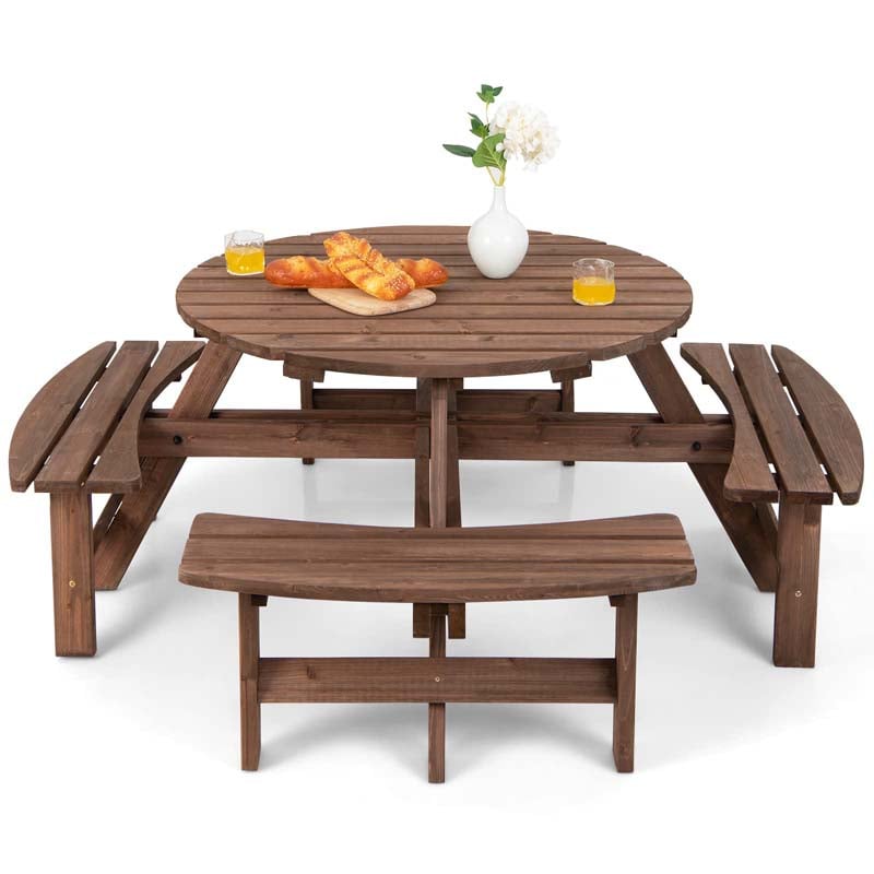8-Person Outdoor Fir Wood Round Picnic Table with 4 Built-in Benches & Umbrella Hole, 2200LBS Capacity All-Weather Patio Dining Set for Garden Yard