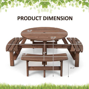 8-Person Outdoor Fir Wood Round Picnic Table with 4 Built-in Benches & Umbrella Hole, 2200LBS Capacity All-Weather Patio Dining Set for Garden Yard