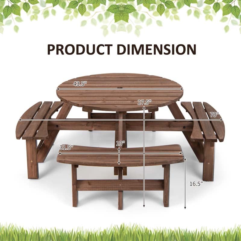 8-Person Outdoor Fir Wood Round Picnic Table with 4 Built-in Benches & Umbrella Hole, 2200LBS Capacity All-Weather Patio Dining Set for Garden Yard