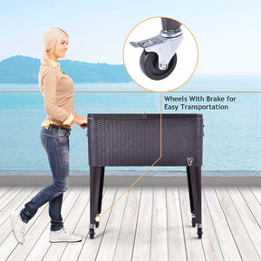 80 Quart Rattan Patio Rolling Cooler Cart, Portable Outdoor Party Beverage Wine Bar Cart Ice Chest Cart with Bottle Opener & Cap Catcher