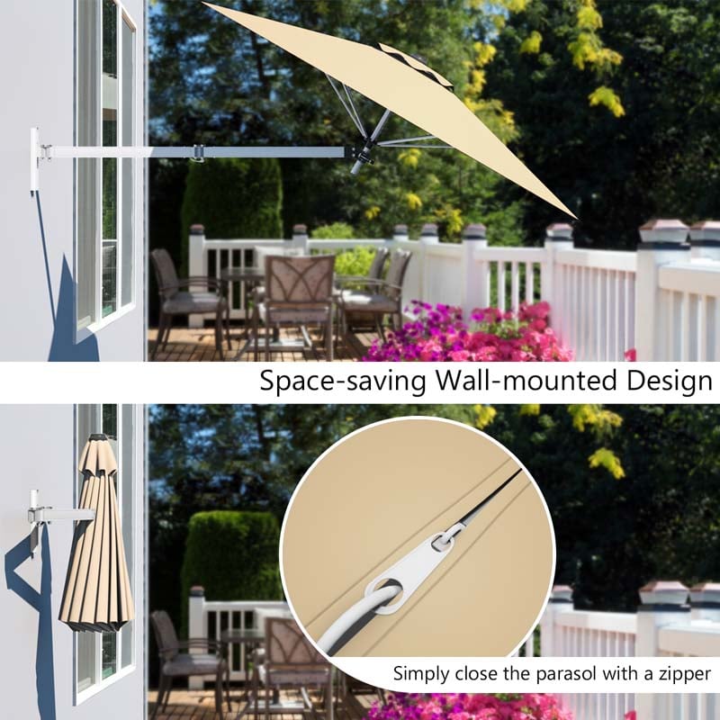 8FT Wall Mounted Patio Umbrella, Outdoor Tilting Cantilever Umbrella Sunshade with Adjustable Pole & Wind Vent for Patio, Balcony, Garden
