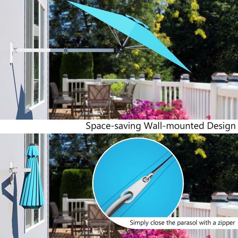 8FT Wall Mounted Patio Umbrella, Outdoor Tilting Cantilever Umbrella Sunshade with Adjustable Pole & Wind Vent for Patio, Balcony, Garden
