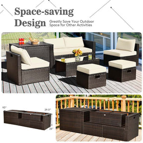 8 Pcs Rattan Patio Sectional Sofa Set with Storage Box & Waterproof Cover