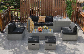 8 Pcs Rattan Patio Sectional Furniture Set Wicker Outdoor Cushioned Sofa Set with Storage Box & Waterproof Cover