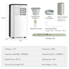 9000 BTU 3-in-1 Portable Air Conditioner Air Cooler Fan Dehumidifier with 4 Modes & 2 Speeds, 24H Timer