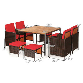 9 Pcs Rattan Wicker Outdoor Patio Dining Set with Acacia Wood Dining table, 4 Ottomans, 4 Cushioned Armchairs
