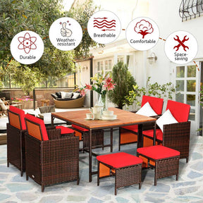 9 Pcs Rattan Wicker Outdoor Patio Dining Set with Acacia Wood Dining table, 4 Ottomans, 4 Cushioned Armchairs