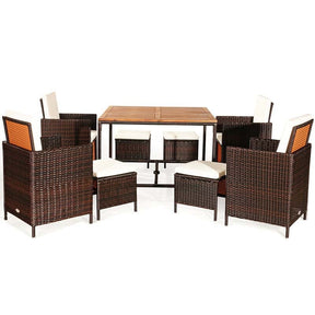 9 Pcs Rattan Wicker Outdoor Patio Dining Set with Acacia Wood Dining table, 4 Ottomans, 4 Cushioned Armchairs