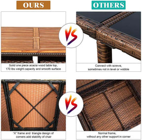9 Pcs Rattan Wicker Outdoor Patio Dining Set with Acacia Wood Dining table, 4 Ottomans, 4 Cushioned Armchairs