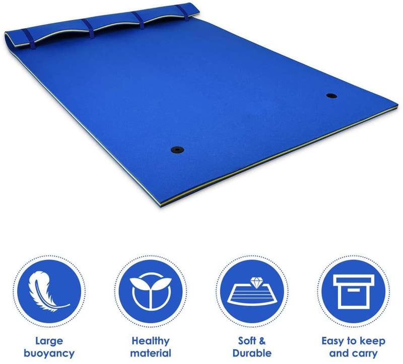 9 x 6 FT Floating Water Pad, 3-Layer Tear-Resistant XPE Foam Water Mat with Rolling Pillow for River, Lake, Ocean & Water Recreation
