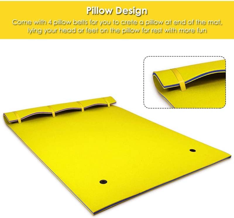 9 x 6 FT Floating Water Pad, 3-Layer Tear-Resistant XPE Foam Water Mat with Rolling Pillow for River, Lake, Ocean & Water Recreation
