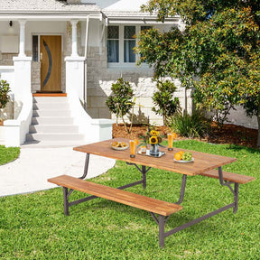 71" Acacia Wood Picnic Table Bench Set with 2" Umbrella Hole, Heavy-Duty Metal Frame Outdoor Dining Table Set