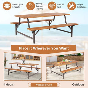 71" Acacia Wood Picnic Table Bench Set with 2" Umbrella Hole, Heavy-Duty Metal Frame Outdoor Dining Table Set