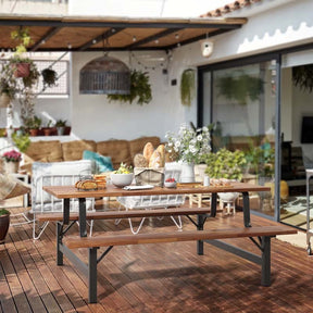 71" Acacia Wood Picnic Table Bench Set with 2" Umbrella Hole, Heavy-Duty Metal Frame Outdoor Dining Table Set