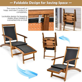 2 Pcs Acacia Wood Folding Chaise Lounge Chair Outdoor Foldable Deck Chair, Portable Wicker Lounger with Retractable Footrest