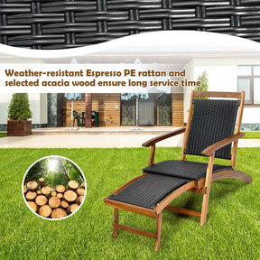 2 Pcs Acacia Wood Folding Chaise Lounge Chair Outdoor Foldable Deck Chair, Portable Wicker Lounger with Retractable Footrest