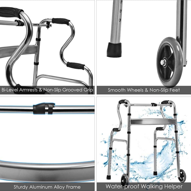 3-in-1 Folding Walker with 5" Wheels & Bi-Level Handrails, 440lbs Heavy Duty Walking Mobility Aid