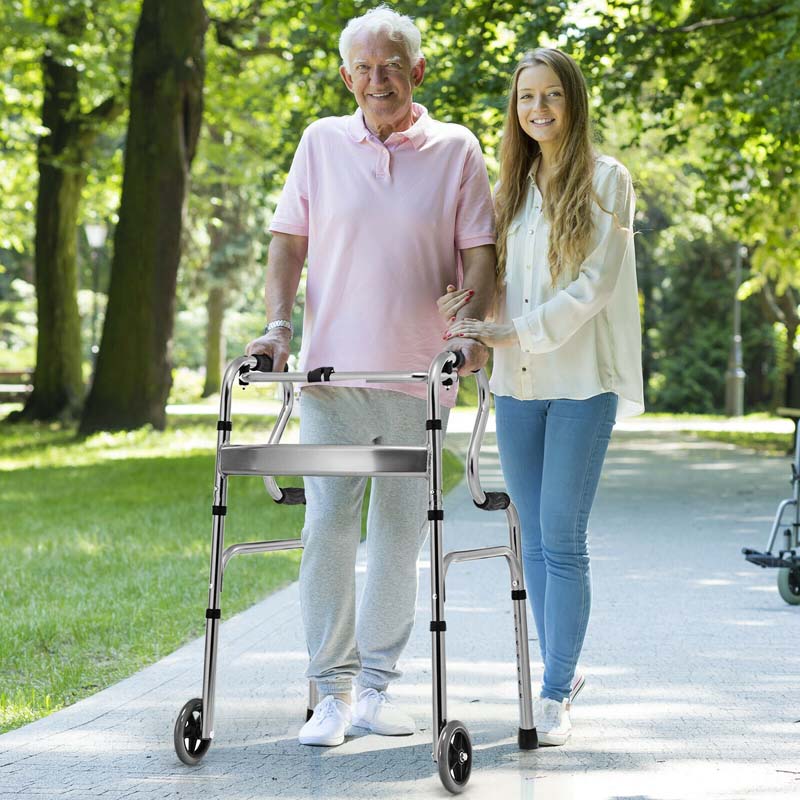3-in-1 Folding Walker with 5" Wheels & Bi-Level Handrails, 440lbs Heavy Duty Walking Mobility Aid