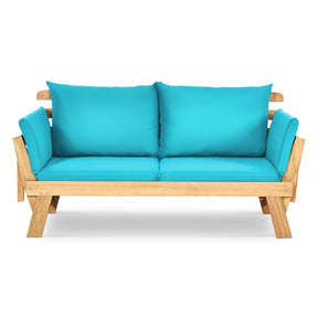 Acacia Wood Patio Daybed Convertible Couch Sofa Bed, Outdoor Folding Chaise Lounge Bench with Adjustable Armrest