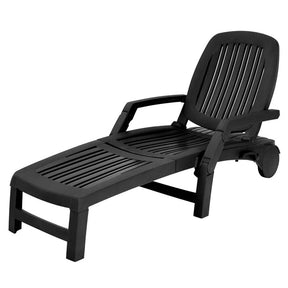 Weatherproof Folding Sun Lounger with Wheels, 6-Position Plastic Outdoor Chaise Lounge Chair for Pool Beach Lawn
