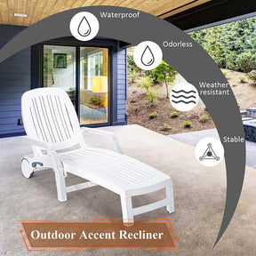 Weatherproof Folding Sun Lounger with Wheels, 6-Position Plastic Outdoor Chaise Lounge Chair for Pool Beach Lawn