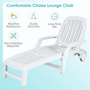 Weatherproof Folding Sun Lounger with Wheels, 6-Position Plastic Outdoor Chaise Lounge Chair for Pool Beach Lawn