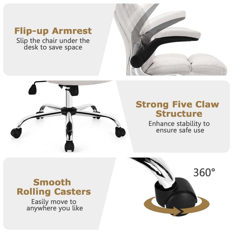 Big & Tall Executive Office Chair 400 LBS, Ergonomic High Back Swivel Computer Desk Chair with Flip-Up Armrests & Thick Padding Linen Fabric