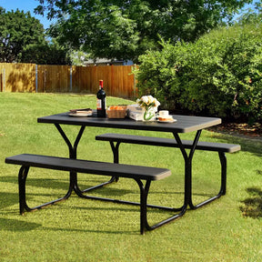 Outdoor Picnic Table Bench Set, All-Weather Dining Table Set, Metal Base Wood-Like Texture, Large Camping Table for Lawn Garden Backyard