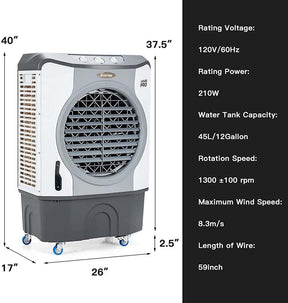 3450 CFM Portable Industrial Evaporative Cooler 4-in-1 Air Cooling Fan Humidifier Purifer with 45L Water Tank