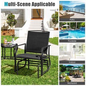 Outdoor Double Swing Glider Chair with Center Table & Umbrella Hole, 2-Person Rocking Chair & Bistro Table Set for Porch Backyard Poolside