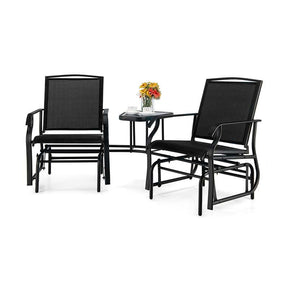 Outdoor Double Swing Glider Chair with Center Table & Umbrella Hole, 2-Person Rocking Chair & Bistro Table Set for Porch Backyard Poolside