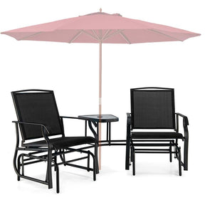Outdoor Double Swing Glider Chair with Center Table & Umbrella Hole, 2-Person Rocking Chair & Bistro Table Set for Porch Backyard Poolside